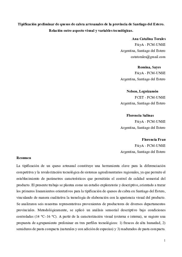 Vista previa: Tipificación preliminar de quesos de cabra artesanales de la provincia de Santiago del Estero. Relación entre aspecto visual y variables tecnológicas.